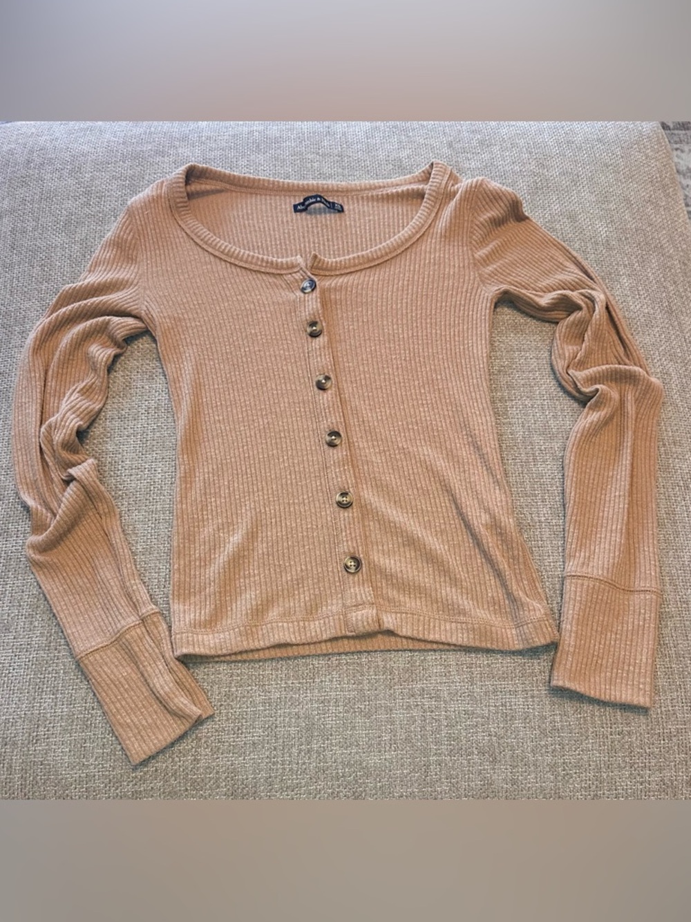 Abercrombie & Fitch Ribbed Button-Front Long Sleeve Top - Beige